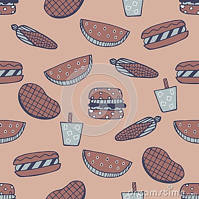 Barbecue Seamless Pattern. Summer cookout with bbq doodles repeat pattern Vector Illustration