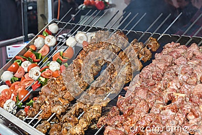Barbecue skewers meat kebabs with vegetables Stock Photo