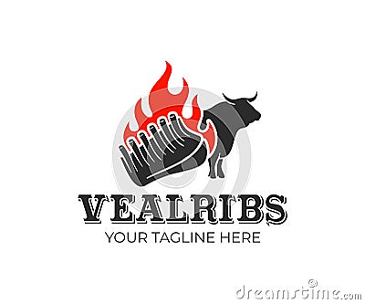 Barbecue, smoked veal ribs and bull with fire or bonfire, logo design. Grill, kitchen, food and cooking, vector design Vector Illustration