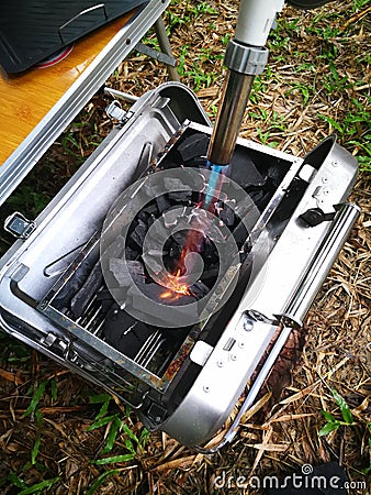 the Barbecue Stainless stove for meat and seafood grilled in camping cooking Stock Photo