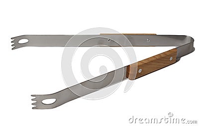 Barbecue tongs on white. Steel, stainless grill tongs with wooden handle Stock Photo