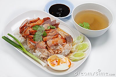 Barbecued red pork in sauce with rice, Chinese style roasted Stock Photo