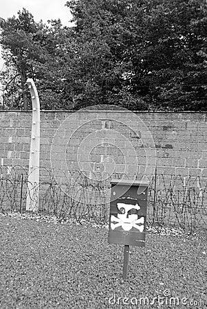 Barbed fence dead zone in Sachsenhausen nazi camp Editorial Stock Photo