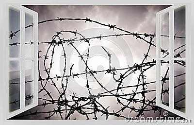 Barbed wire fence against an open window - prison concept image Stock Photo