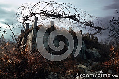 barbed wire fence encircling forgotten base Stock Photo