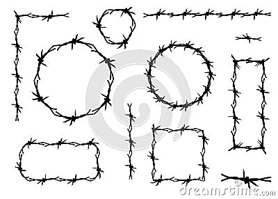 Barbed wire frame border pattern set icons geometric shapes, linear, circle, square and rectangle, vector illustration isolated Vector Illustration