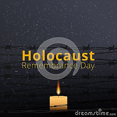 Barbed wire and one memorial candle, International Holocaust Remembrance Day poster, January 27 Vector Illustration