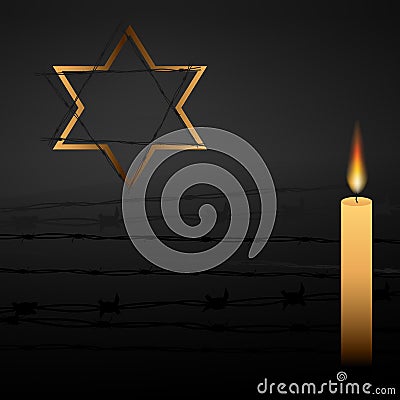 Barbed wire and one memorial candle, International Holocaust Remembrance Day poster, January 27 Vector Illustration