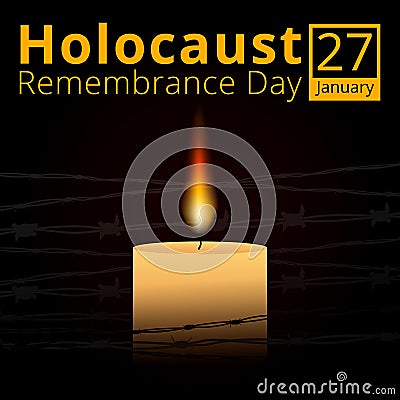 Barbed wire and one memorial candle, International Holocaust Remembrance Day poster, January 27 Vector Illustration