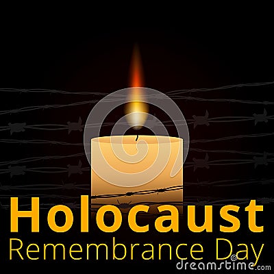 Barbed wire and one memorial candle, International Holocaust Remembrance Day poster, January 27 Vector Illustration