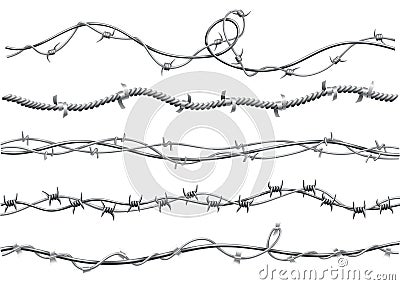 Barbed wire set. Fencing strong sharply pointed elements, twisted around, art pattern. Industrial barbwires, protection Vector Illustration