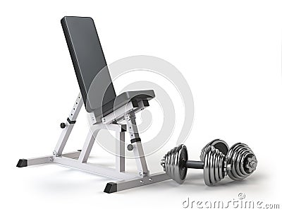 Barbell bench with weight dumbbells isolated on white. Cartoon Illustration