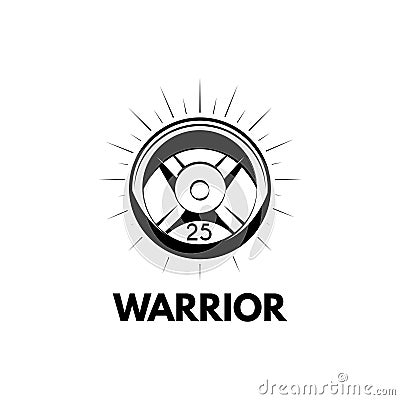 Barbell disk icon. Sport equipment. Barbell weight. Warrior lettering. Vector. Vector Illustration