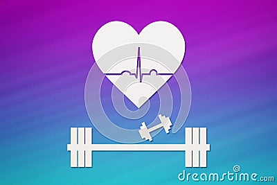 Barbell, dumbbells and heart with echocardiogram. Healthy lifestyle concept Stock Photo