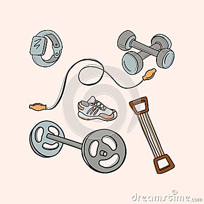 Barbell, dumbbells, skipping rope, expander, sneaker and fitness tracker Vector Illustration