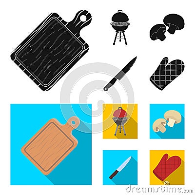 Barbeque grill, champignons, knife, barbecue mitten.BBQ set collection icons in black,flat style vector symbol stock Vector Illustration