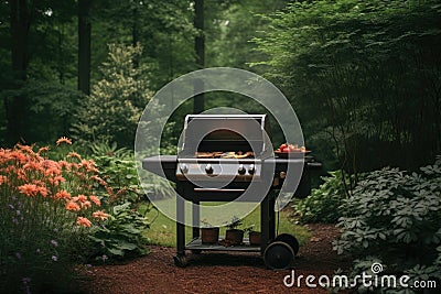 Barbeque grill in the forest. Picnic in nature, Grilling in the Backyard, AI Generated Stock Photo