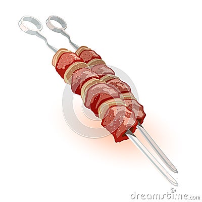 Barbeque, kebab, shashlik, kabob. Pieces of different kind of meat pork, beef on grill skewers. Vector Illustration