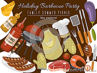 Barbeque picnic party poster meat steak roasted on round hot barbecue grill vector illustration. Bbq in park, banner Vector Illustration