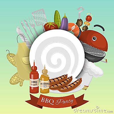 Barbeque picnic party poster meat steak roasted on round hot barbecue grill vector illustration. Bbq in park, banner Vector Illustration