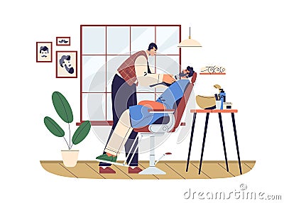 Barber caring, grooming clients beard with razor, trimmer in barbershop interior. Man sitting in chair during beauty Vector Illustration
