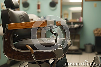 a barber chair with wooden armrests and a flipup footrest in use Stock Photo