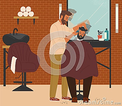 Barber cuts hair of client in barbershop, vector illustration. Barber shop interior design with chairs, mirrors Vector Illustration