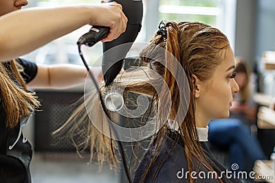 Barber dries his hair. A girl in a beauty salon, a hairdresser does her hair, cuts her hair to a girl with long hair Stock Photo