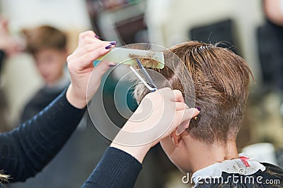 Barber or hair stylist at work. female hairdresser cutting child hair Stock Photo