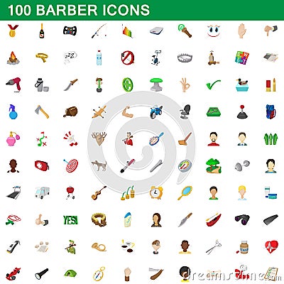 100 barber icons set, cartoon style Vector Illustration