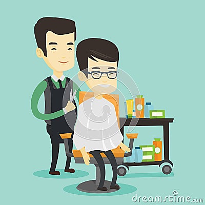 Barber making haircut to young asian man. Vector Illustration