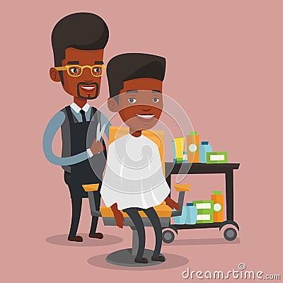 Barber making haircut to young man. Vector Illustration