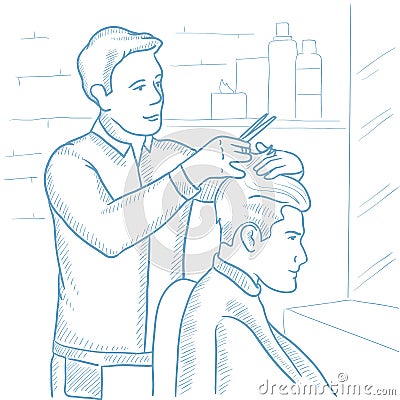 Barber making haircut to young man. Vector Illustration