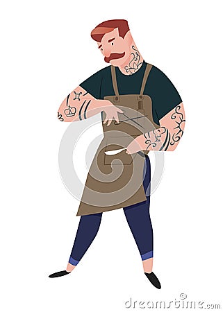 Barber. Man in apron with scissors and open razor. Cool hairdresser stand with moustaches and tattoos. People vector illustration. Vector Illustration