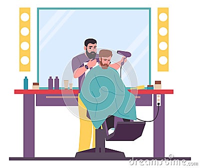 Barber with man client. Hairdresser giving haircut. Stylist shampooing and trimming hair to customer. Hairdo styling Vector Illustration