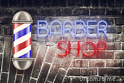 Barber pole on the background of the old brick wall. Neon inscription Barber Shop. Concept Barber Shop. Stock Photo