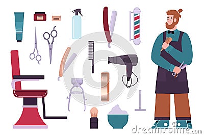 A barber with set of traditional tools for working in barbershop Vector Illustration