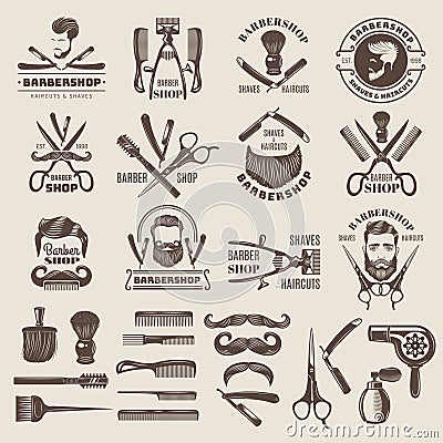 Barber shop badges. Scissors combs brush blade hair dryer recent vector logos for barber shops Vector Illustration