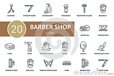Barber Shop icon set. Collection contain scissors, foam brush, comb and over icons. Barber Shop elements set. Vector Illustration