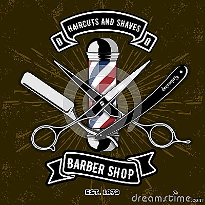 Barber Shop Logo with barber pole in vintage style. Vector Illustration