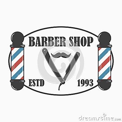 Barber Shop logo. Hairdressing salon template emblem with barber pole, straight razor and mustache. Vector. Vector Illustration