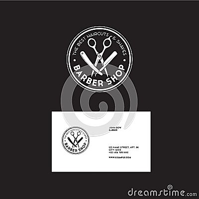 Barber shop logo. Scissors and a razor with letters as an emblem. Vector Illustration