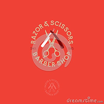 Barber shop logo. Scissors and a razor with letters as an emblem. Vector Illustration