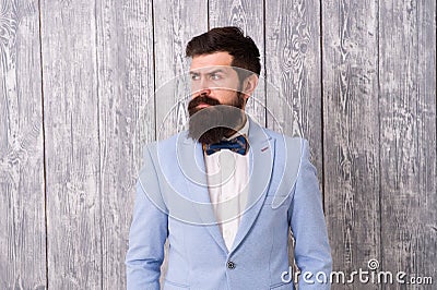 Barber shop offer range of packages for groom make his big day unforgettable. Guy well groomed bearded hipster wear Stock Photo