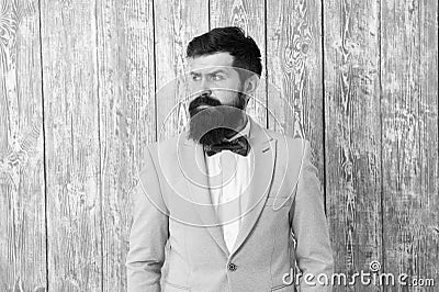 Barber shop offer range of packages for groom make his big day unforgettable. Guy well groomed bearded hipster wear Stock Photo