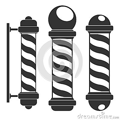 Barber shop poles silhouettes icons with stripes isolated on white background. Barbershop sign, hairdresser symbol in Vector Illustration