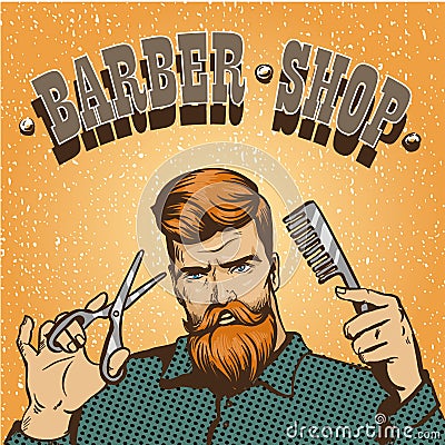 Barber shop poster vector illustration. Hipster stylist with scissors design in vintage pop art style Vector Illustration