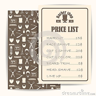 Barber shop price or brochure list with prices at the hairstyles and haircuts Vector Illustration