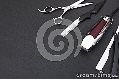 Barber shop tools on Black with place for text. Stock Photo