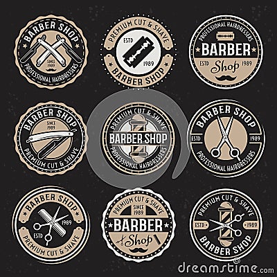 Barber shop vector colored badges on dark Vector Illustration